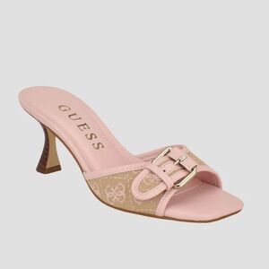 Guess Pink & Tan Logo Buckle Kitten Heel Mule